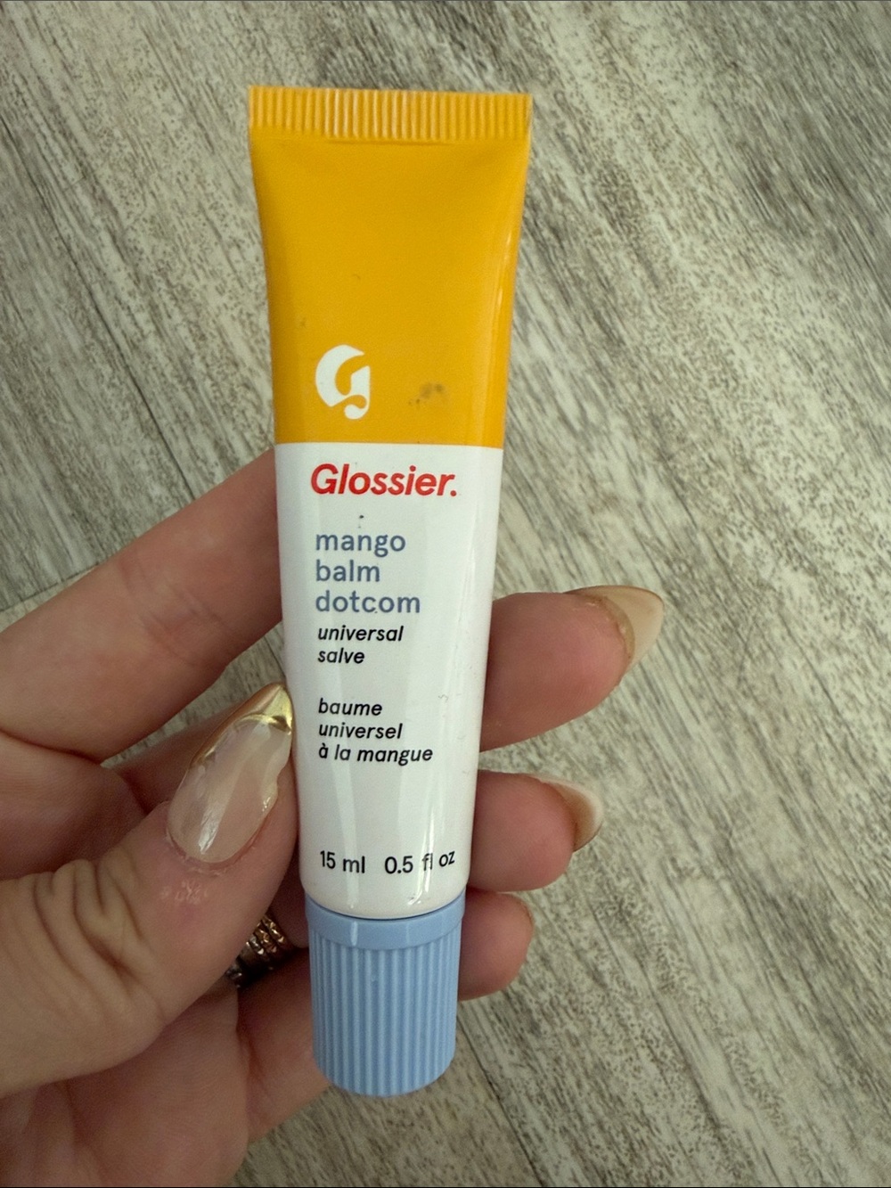 Glossier Mango Balm Dotcom - Yellow, White & Light Blue Tube